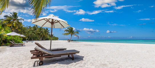 Beautiful tropical beach banner. Together, couple chairs coco palms travel tourism wide panorama...