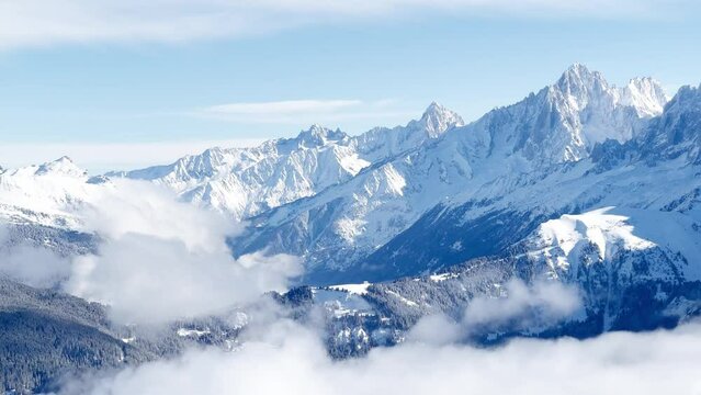 Panorama of French Alps at winter with snow covered mountains