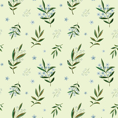 Green watercolor branch with flowers seamless pattern on green background. Floral botanical design