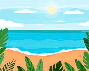 Fototapeta na wymiar tropical beach cartoon panorama. Sunny day. Summer vacation on the sandy coast. Universal background packaging and postcard. Vector illustration, flat