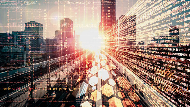 Software development, application programming code and tacit computer coding . Concept of smart digital transformation and technology disruption that changes global trends in new information era .