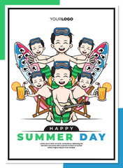 Happy summer day poster template with cute cartoon character