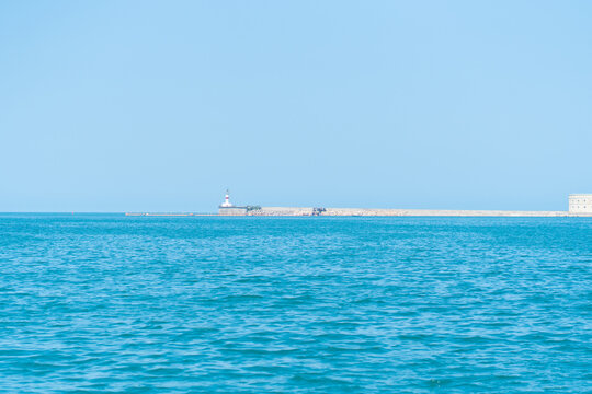 Sevastopol Crimea sea russian bay blue coast water coastal mangust, concept patrol summer from light from tower cape, ocean beautiful. Old nautical seascape,