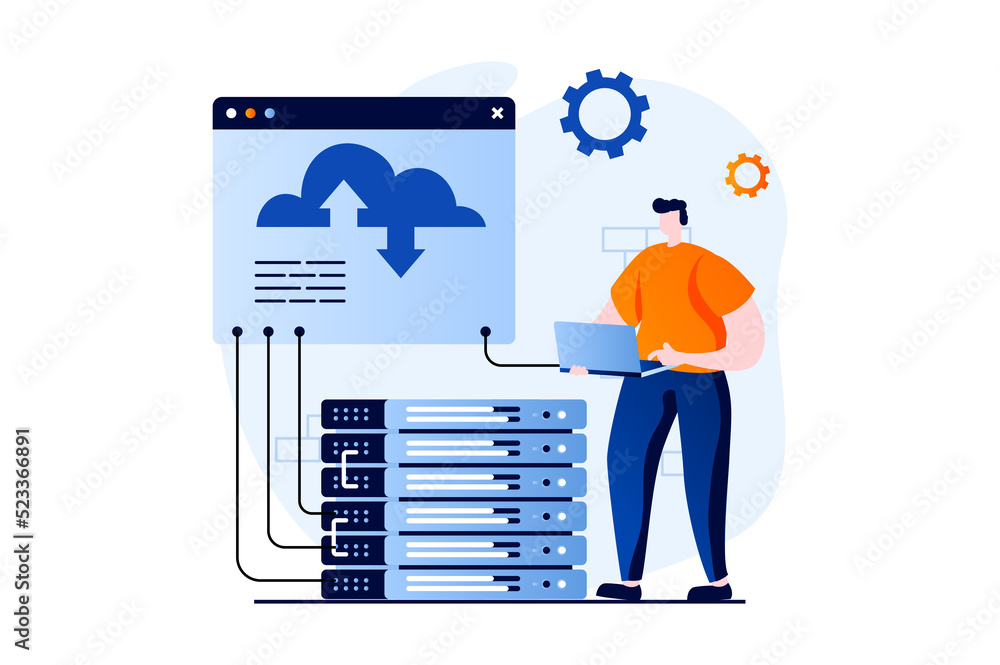 Poster SaaS concept with people scene in flat cartoon design. Man computing using cloud technology, programming and working with hosting. Software as a service. Illustration visual story for web