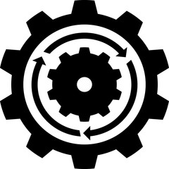 Cog wheels icon with rotating arrows. Black color.