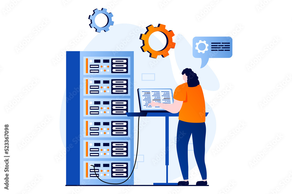 Aufkleber server maintenance concept with people scene in flat cartoon design. woman working at laptop in serv
