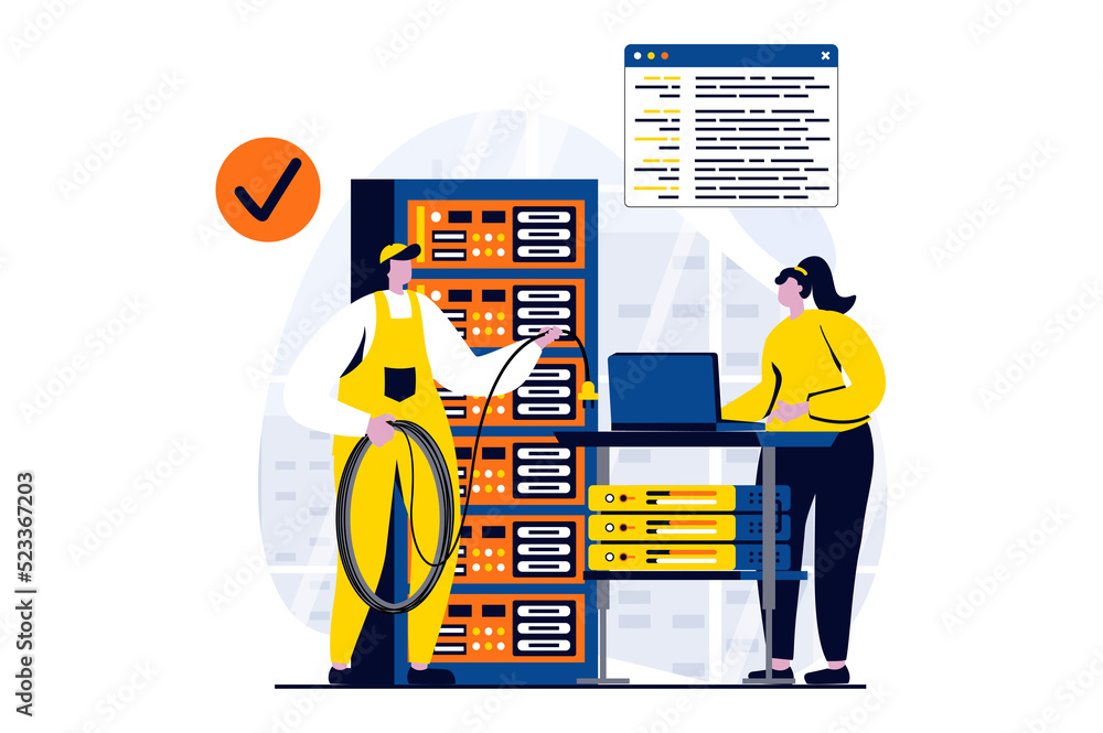 Aufkleber server maintenance concept with people scene in flat cartoon design. woman and man technicians team 