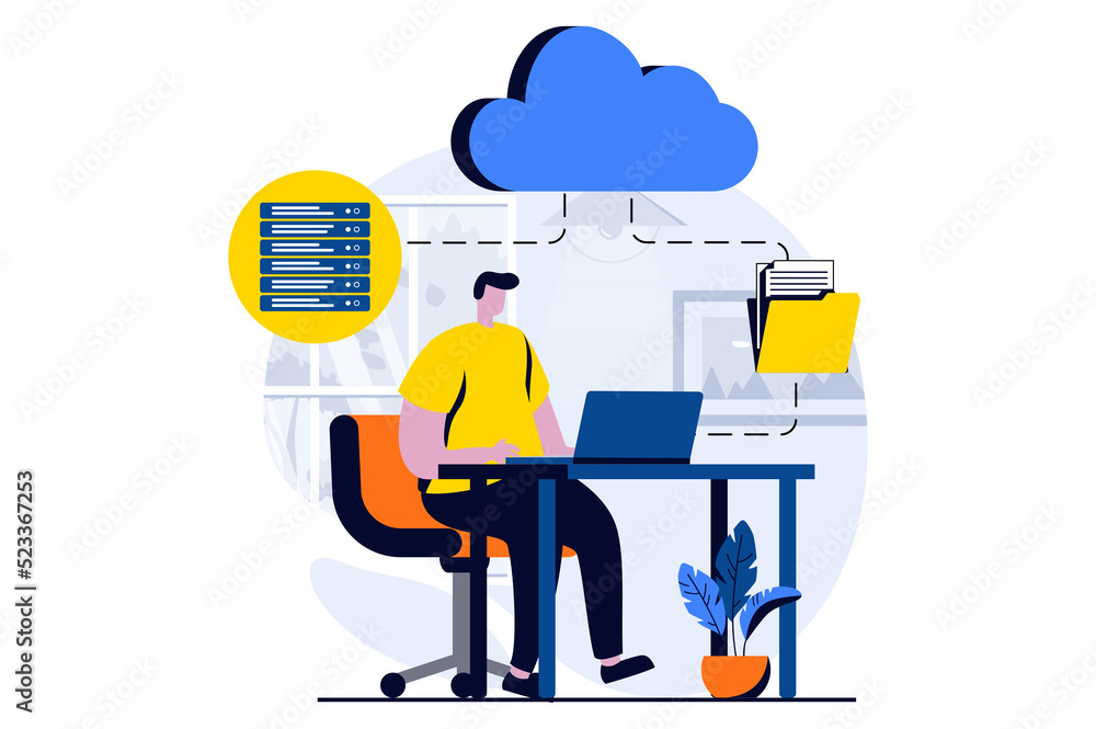 Poster server maintenance concept with people scene in flat cartoon design. man making settings and optimiz