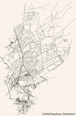 Fototapeta na wymiar Detailed navigation black lines urban street roads map of the SCHLOSS NEUHAUS DISTRICT of the German regional capital city of Paderborn, Germany on vintage beige background
