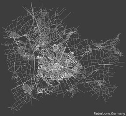 Detailed negative navigation white lines urban street roads map of the German regional capital city of PADERBORN, GERMANY on dark gray background
