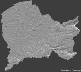 Topographic negative relief map of the city of PADERBORN, GERMANY with white contour lines on dark gray background