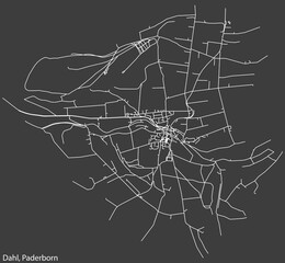 Detailed negative navigation white lines urban street roads map of the DAHL DISTRICT of the German regional capital city of Paderborn, Germany on dark gray background