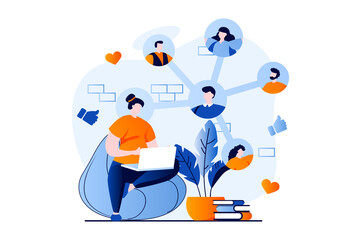 Social network concept with people scene in flat cartoon design. Woman communicates with group of friends in social networks, likes and comments on posts. Illustration visual story for web - obrazy, fototapety, plakaty