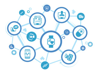 Digital healthcare and smart health devices and iot technology in medicine vector illustration. Concept around medical big data, cloud applications, 