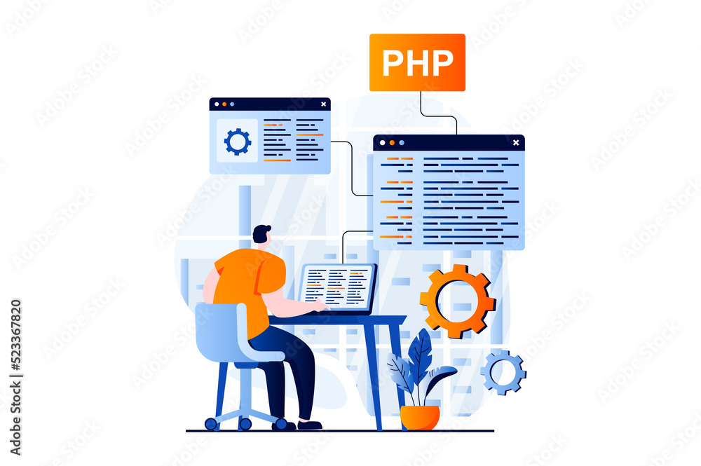 Aufkleber Software development concept with people scene in flat cartoon design. Man working with php language, coding at screens, programming and creates products. Illustration visual story for web
