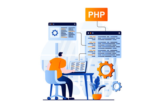 Software development concept with people scene in flat cartoon design. Man working with php language, coding at screens, programming and creates products. Illustration visual story for web