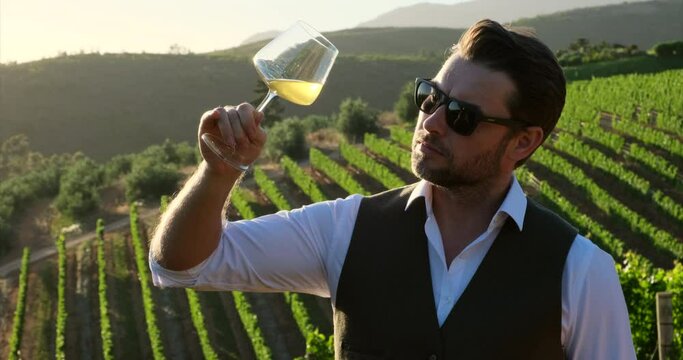 Winemaker in vineyard with glass of wine. stylish man in a white shirt is testing a new sort of white wine from a glass. Authentic shot of successful male is tasting a flavor and checking red wine