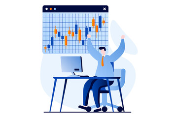 Stock market concept with people scene in flat cartoon design. Man works and trades on stock exchange, develops an investment portfolio and increases income. Illustration visual story for web