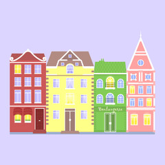 Set of simple european or scandinavian colorful old houses. Flat design vector illustration