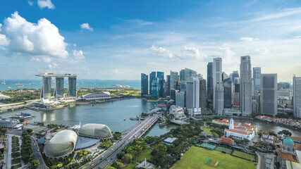 Aerial view of Sunny Day at Marina Bay Singapore city skyline - obrazy, fototapety, plakaty