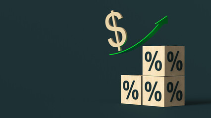 Dollar symbol rises up a green arrow above a pyramid of wooden cubes with a percent sign on each side. 3D rendering. Finance concept. Place for text
