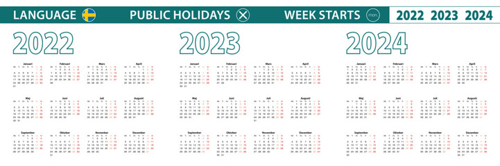 Simple calendar template in Swedish for 2022, 2023, 2024 years. Week starts from Monday.
