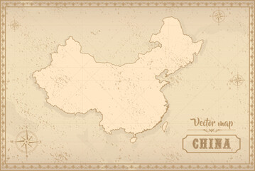 Map of China in the old style, brown graphics in retro fantasy style