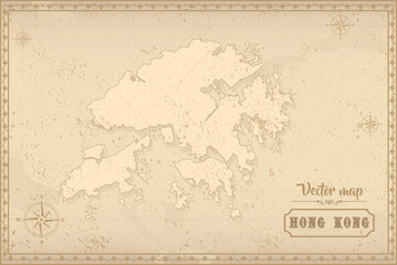 Map of Hong Kong in the old style, brown graphics in retro fantasy style
