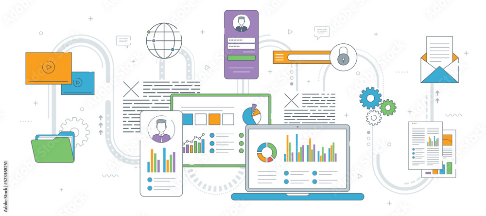 Poster laptop, digital tablet and smartphone with information report and data in graphs. business, planning