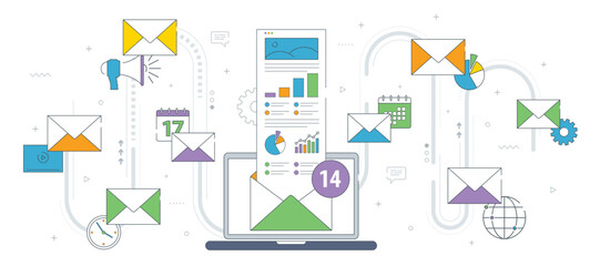 Laptop with envelope and open email message on screen and new email notification. Subscribe to newsletter. Vector icon set of business, marketing and communication, internet banner template.