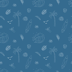Seamless pattern with hand-drawn elements with a surf theme. Wave, surf, palm trees and more.