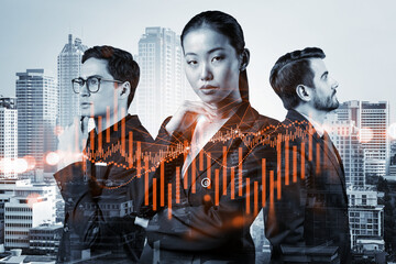 Group of business colleagues in suits as a part of multinational corporate team working on forecasting trading corporate strategy at fund. Forex chart. Bangkok on background. Double exposure