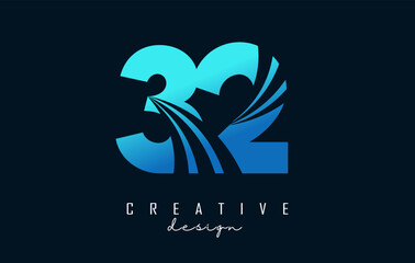 Creative number 32 logo with leading lines and road concept design. Letter with geometric design. Vector Illustration with number and creative cuts.