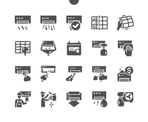 Air conditioning cleaning. Before and after. Price. Detergent. Cleaning service. Vector Solid Icons. Simple Pictogram