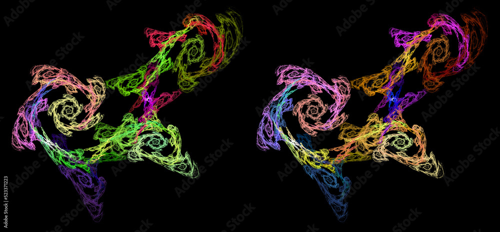 Aufkleber beautiful openwork spirals create patterns on a black background. set of graphic design elements. 3d