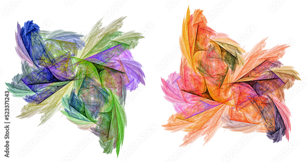 Poster bright colorful abstract feathers rotate on a white background. set of graphic design elements. 3d r