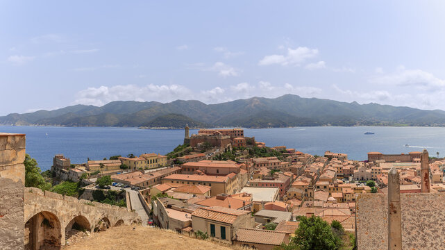 View from 16th-century fort Falcone to Fort Stella by Cosimo Medici, Province of Livorno, Island of Elba, Italy
