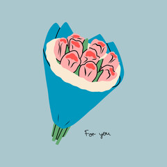Bouquet of Tulip. Holiday floral decor. Hand drawn Vector set. Colorful isolated illustrations 