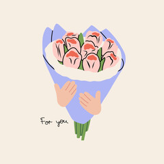 Bouquet of Tulip. Holiday floral decor. Hand drawn Vector set. Colorful isolated illustrations 
