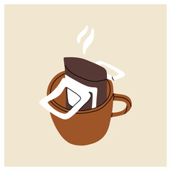 Drip bag Coffee cup. Hand drawn modern Vector illustration