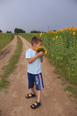 a small child has covered his face with a sunflower and looks away