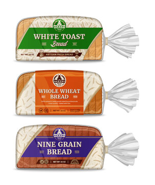 Vector bread packaging and horizontal label design. Bakery illustrations and cereal crops patterns