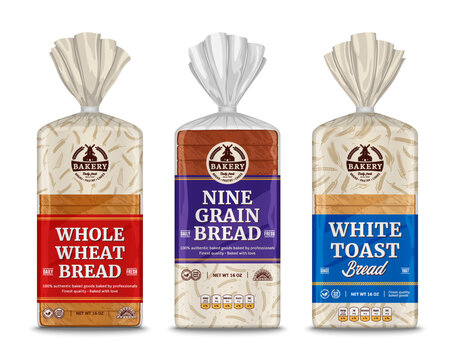 Vector bread packaging and vertical label design. Bakery illustrations and cereal crops patterns