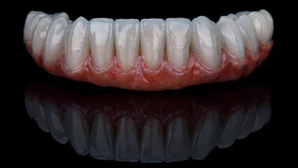macro dental photo of lower jaw prosthesis on black glass with creative reflection