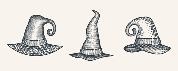Halloween Witch Hat Set Vintage Hand Drawn Illustration Abstract Vector Sketch Line Art Drawing