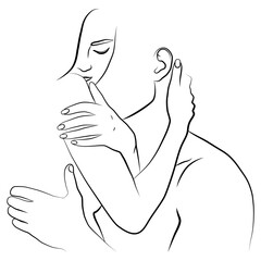 Arms hugging. The art line of a couple in love on a white isolated background. The man gently hugs the woman and kisses her neck. Love and kisses.