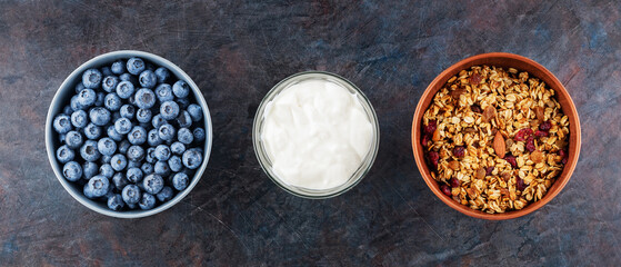 Blueberries, yogurt and granola in bowls. Berries, baked granola and fresh yogurt close-up. Healthy breakfast ingredients. Top view