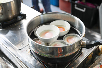 Breakfast food with soft-boiled  Onsen eggs  Thai style