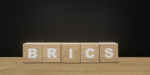 BRICS nation wooden block cubes. 3D render concept illustration with empty space for copy paste text.
