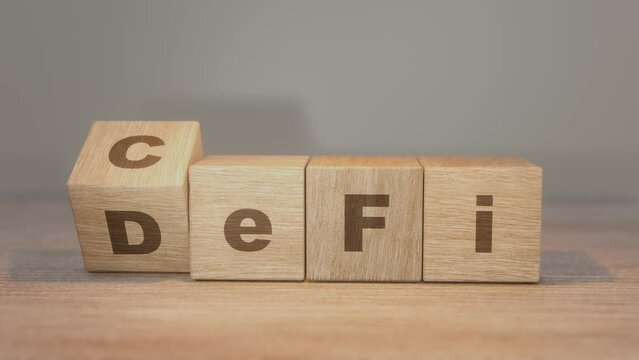 DeFi or CeFi wooden block cubes flip concept 3D render animation with empty space for copy paste text.